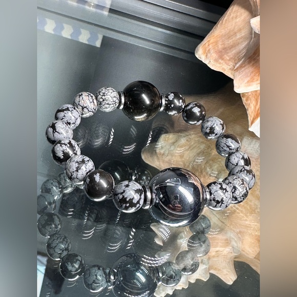 (JOEHANNA) TERAHERTZ + SNOW OBSIDIAN NATURAL STONES  BRACELET size 7” - Picture 2 of 10
